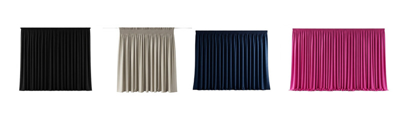 Set of Realistic Elegant Pleated Curtains in Various Colors (Black, Beige, Navy Blue, and Pink) Isolated on White Background for Interior Design Decor. 