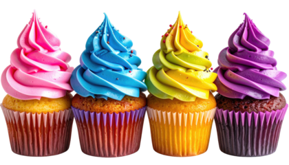 Four vibrant cupcakes with colorful frosting atop golden and brown bases