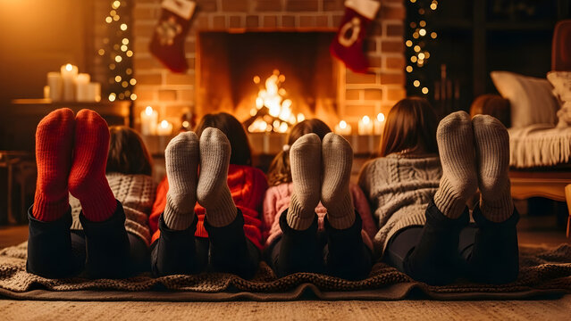 Family enjoying cozy holiday evening by the fireplace with children lying on the rug and stockings hanging on the mantel in a warm festive home setting - Powered by Adobe