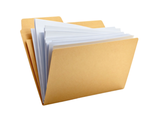 Open manila file folder holding stack of white paper documents