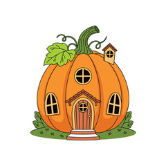 Pumpkin house in autumn isolated on white background, Vector, illustration