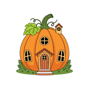 Pumpkin house in autumn isolated on white background, Vector, illustration