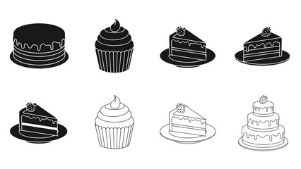 Black and white illustrations of various cakes and layered desserts