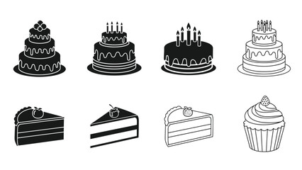 A collection of black and white cake illustrations including tiered cakes and slices