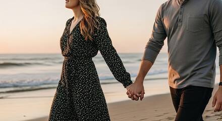Couple holding hands, walking on beach at sunset, celebrating Valentine&rsquo;s Day
