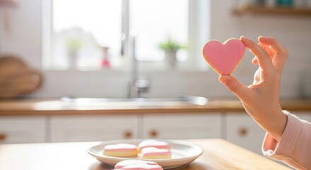 Child holding pink heart cookie in kitchen, sweet Valentine&rsquo;s Day treat