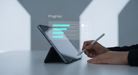 Person using tablet with stylus displaying digital progress bars