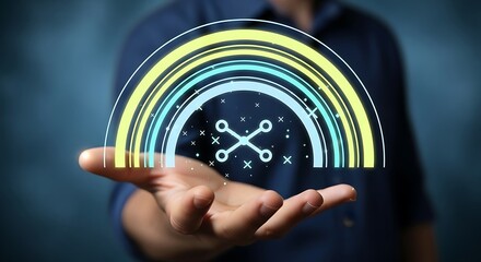 Innovative digital network connection glowing above human hand