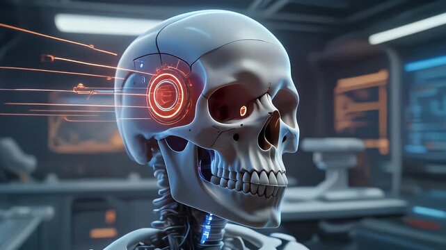 Robotic skeleton head with glowing tech implants in a futuristic lab setting.