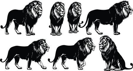 Black and White Lion Vector Bundle: Majestic Standing, Walking, and Sitting Male Lions with Detailed Manes in Powerful Silhouette Design. © Anu's World