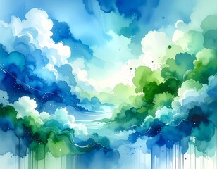 blue green and white watercolor background with abstract cloudy sky concept with color splash design and fringe bleed stains and blobs
