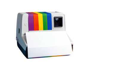 A retro instant camera with rainbow stripes on a black background
