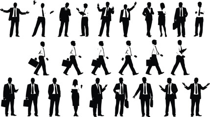 Business People Silhouette Vector Set: Diverse Men and Women in Professional Attire, Walking, Posing, and Gesturing for Corporate and Teamwork Concepts