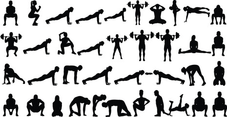 Collection of men and women doing various bodyweight and weightlifting exercises in silhouette, including squats, planks, yoga, and stretching for fitness, gym, and workout concepts.