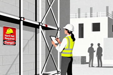A female construction manager or engineer in a white hard hat and safety vest uses a digital tablet to inspect scaffolding and check regulations at a building site with a safety sign posted