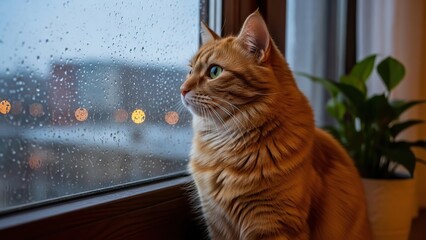 Domestic ginger tabby cat observing a rainy cityscape from a warm cozy home interior