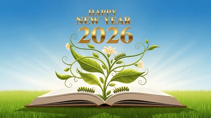 Happy new year 2026 with open book and growing plant