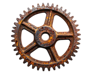 Close-up of a large, rusted metal cogwheel against a stark black backdrop