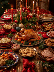 Traditional Christmas dinner table with roasted turkey, red candles, and wine. Festive holiday feast background with side dishes, cookies, and pine decorations.