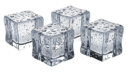Four clear ice cubes isolated on transparent background