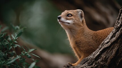 Cute Mongoose on Tree Branch in Natural Habitat with Greenery