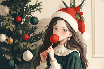 Christmas girl illustration with Santa hat and festive candy by decorated tree in soft warm holiday style