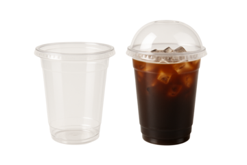 Set of empty disposable transparent plastic cup and disposable transparent plastic cup with coffee and ice.