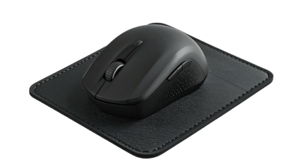 Black wireless computer mouse on a textured square pad