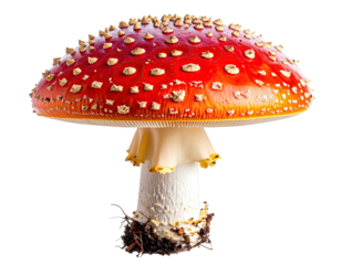 Bright red spotted mushroom with white stem, isolated on black