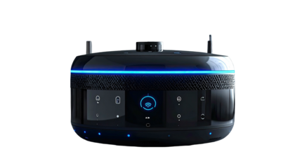 Modern, futuristic black robotic device with glowing blue accents