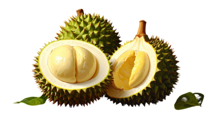 Spiky green fruit, one cut open to reveal creamy yellow segments