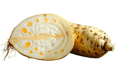 Root vegetable cut open, showing interior and exterior details