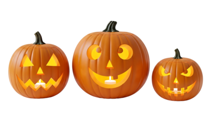 Three carved pumpkins displaying various expressions isolated on transparent background