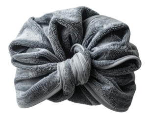 Plush gray towel tied in a knot, arranged in a visually pleasing manner