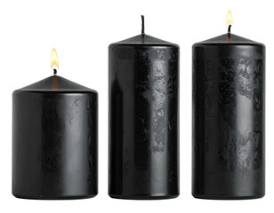 Three black pillar candles; two lit, one unlit, on a transparent background