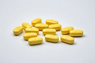 A close up of ten yellow ibuprofen pills on a white background yellow pills medication