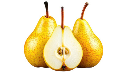 Three yellow pears, one sliced, against a stark black background