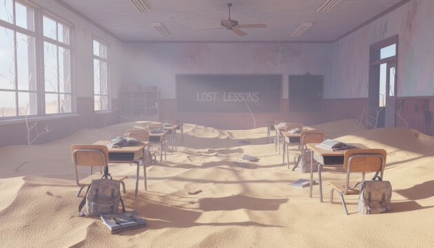 Classroom with Desert Floor Submerging Desks and Chairs Halfway