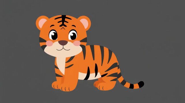 Cute cartoon tiger cub with orange black stripes and happy expression stands against plain background