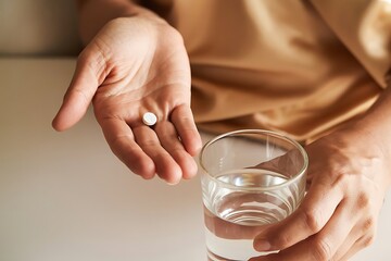 Close up of hands holding a white pill and a glass of water for medication