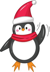 Cute Penguin Couple Wearing Santa Hats and Red Scarves Waving Hello Christmas and Winter Holiday Greeting Vector Illustration