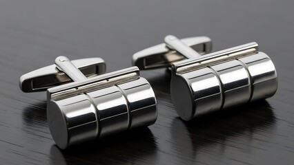 Modern silver cufflinks on dark surface