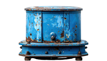 Weathered blue industrial metal cylinder against a black background