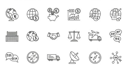 Set of global business and logistics line icons modern flat vector design elements for international trade finance and communication concepts