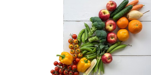 Fresh colorful vegetables and fruits arranged on a white wooden background apples