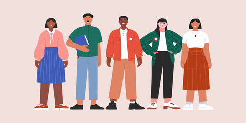 A diverse group of five people standing together in colorful casual clothing