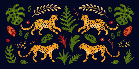 Symmetrical illustration of leopards amidst tropical foliage and vibrant floral elements © Tusar