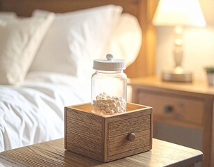 Transparent pill dispenser with daily compartments in a wooden holder on a table