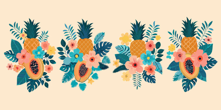 Tropical fruit and floral arrangements featuring pineapples papaya and lush greenery - Powered by Adobe