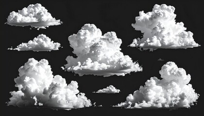 set of white cloud isolated on black background